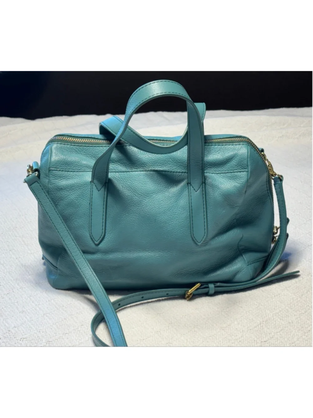 RARE Fossil Genuine Leather Sydney Satchel in Teal Blue/Green GUC - Picture 2 of 14